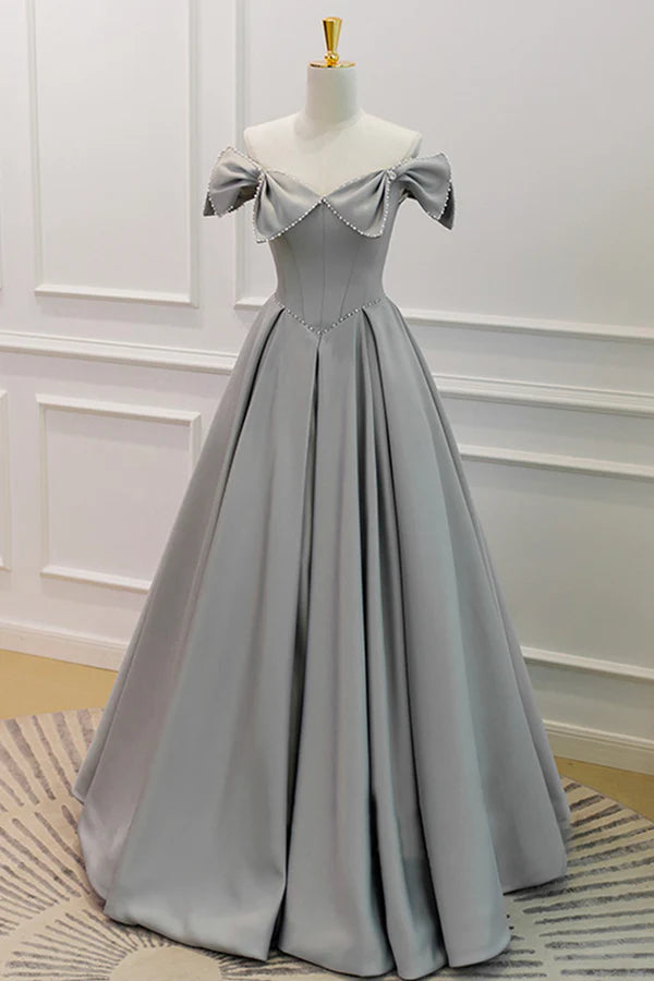 Wholesale Gray Satin Floor Length Formal Dress with Pearls Cute A-Line Prom Dress
